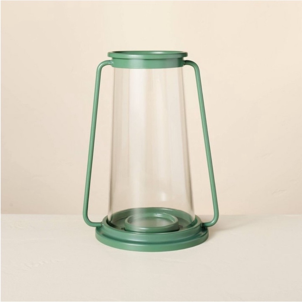 Hearth & Hand Large Pillar Glass & Metal Hurricane Candle Lantern Dark Green NWT